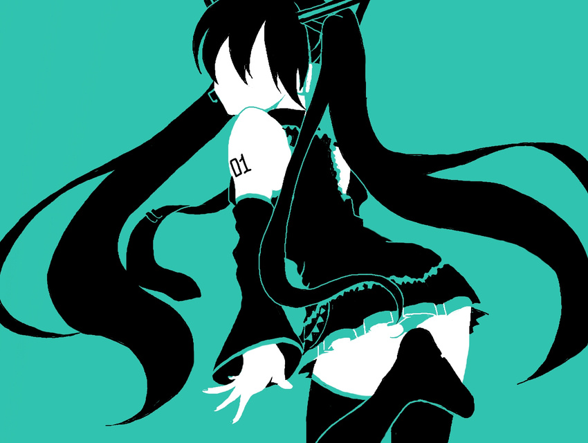 1girl back bare_shoulders faceless_female female hatsune_miku legwear libra_39 long_hair long_twintails looking_back microskirt monochrome simple_background skirt sleeveless solo thighhighs upskirt