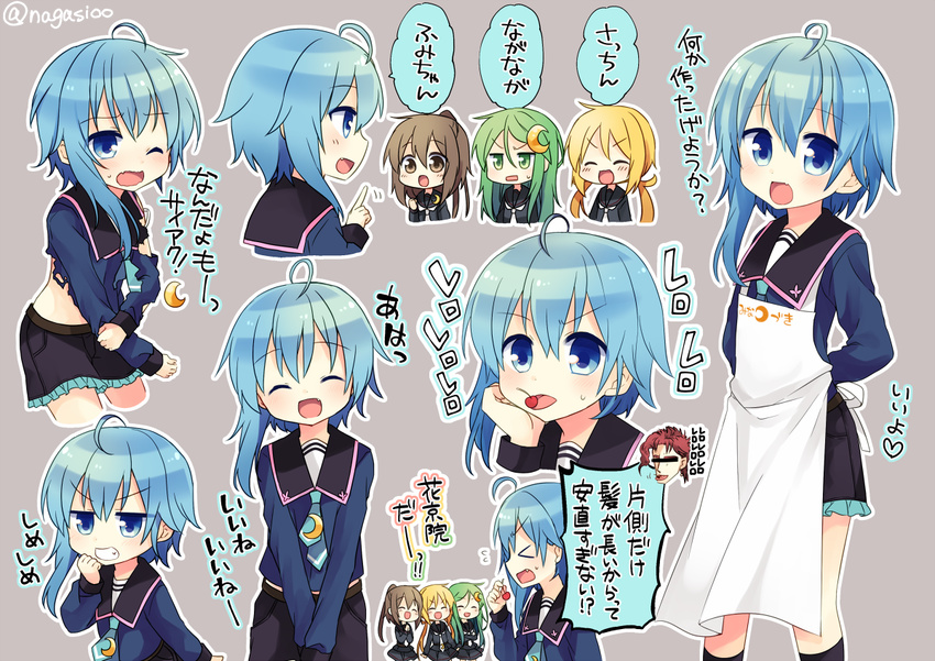 &gt;_&lt; 4girls :d ahoge apron arms_behind_back black_serafuku blonde_hair blue_eyes blue_hair blue_neckwear brown_eyes brown_hair censored cherry closed_eyes commentary crescent crescent_hair_ornament crescent_moon_pin eyebrows eyebrows_visible_through_hair fang flying_sweatdrops food frilled_shorts frills from_behind fruit fumizuki_(kantai_collection) green_eyes green_hair grey_background grin hair_ornament heart holding_arm identity_censor jojo_no_kimyou_na_bouken kakyouin_noriaki kantai_collection long_hair long_sleeves low_twintails minazuki_(kantai_collection) motion_lines multiple_girls multiple_views nagasioo nagatsuki_(kantai_collection) necktie one_eye_closed open_mouth pleated_skirt ponytail red_hair sailor_collar satsuki_(kantai_collection) school_uniform serafuku short_hair_with_long_locks shorts simple_background skirt smile speech_bubble tongue tongue_out torn_clothes translated twintails twitter_username tying_apron v-shaped_eyebrows v_arms white_neckwear