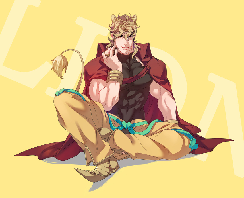 abs animal_ears black_nails blonde_hair cape dio_brando fang full_body heart highres jojo_no_kimyou_na_bouken kemonomimi_mode knee_pads less_end lion_ears lion_tail male_focus muscle nail_polish orange_eyes pointy_shoes shoes sitting solo stardust_crusaders tail wrist_cuffs yellow_background
