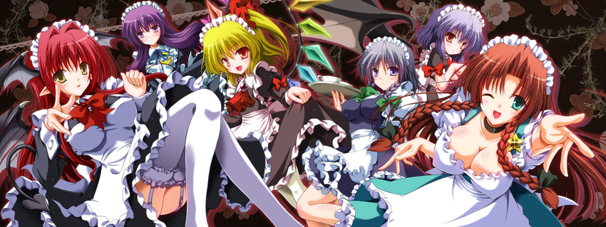 :d ;d alternate_costume apron aqua_eyes arm_garter ascot bat_wings black_bow black_dress blonde_hair blue_dress blue_ribbon blush bow bowtie braid breasts brooch choker cleavage collarbone commentary_request crystal cup demon_girl demon_tail demon_wings dress dress_lift enmaided fang flandre_scarlet floral_background foreshortening frilled_dress frilled_legwear frills garter_straps green_bow hair_bow hair_ribbon head_wings highres holding holding_tray hong_meiling izayoi_sakuya jewelry juliet_sleeves koakuma large_breasts lifted_by_self long_hair long_sleeves looking_at_viewer maid maid_apron maid_headdress multiple_girls neck_ribbon one_eye_closed open_mouth patchouli_knowledge pointy_ears puffy_short_sleeves puffy_sleeves purple_eyes purple_hair reaching_out red_bow red_eyes red_hair red_neckwear red_ribbon remilia_scarlet ribbon short_hair short_sleeves side_ponytail sidelocks silver_hair smile tail teacup thighhighs touhou tray twin_braids waist_apron white_legwear wings yamu_(reverse_noise)