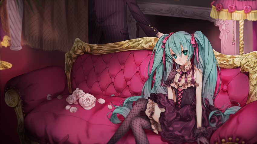 aqua_eyes aqua_hair commentary_request couch cross-laced_clothes crossed_legs dress fishnet_gloves fishnet_legwear fishnets flower gloves hair_between_eyes hair_ribbon hatsune_miku highres long_hair looking_at_viewer marchen_noir petals pink_flower pink_rose ribbon rose sitting solo thighhighs twintails very_long_hair vocaloid