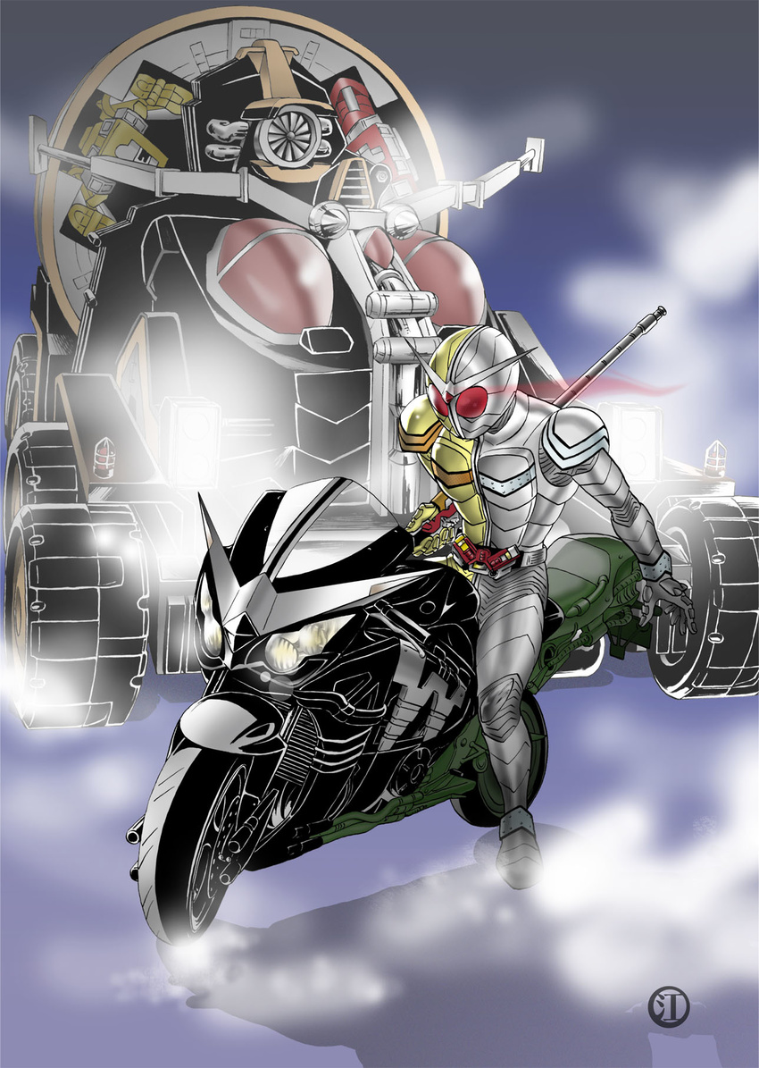 edojyou ground_vehicle highres kamen_rider kamen_rider_double kamen_rider_w male_focus motor_vehicle motorcycle solo