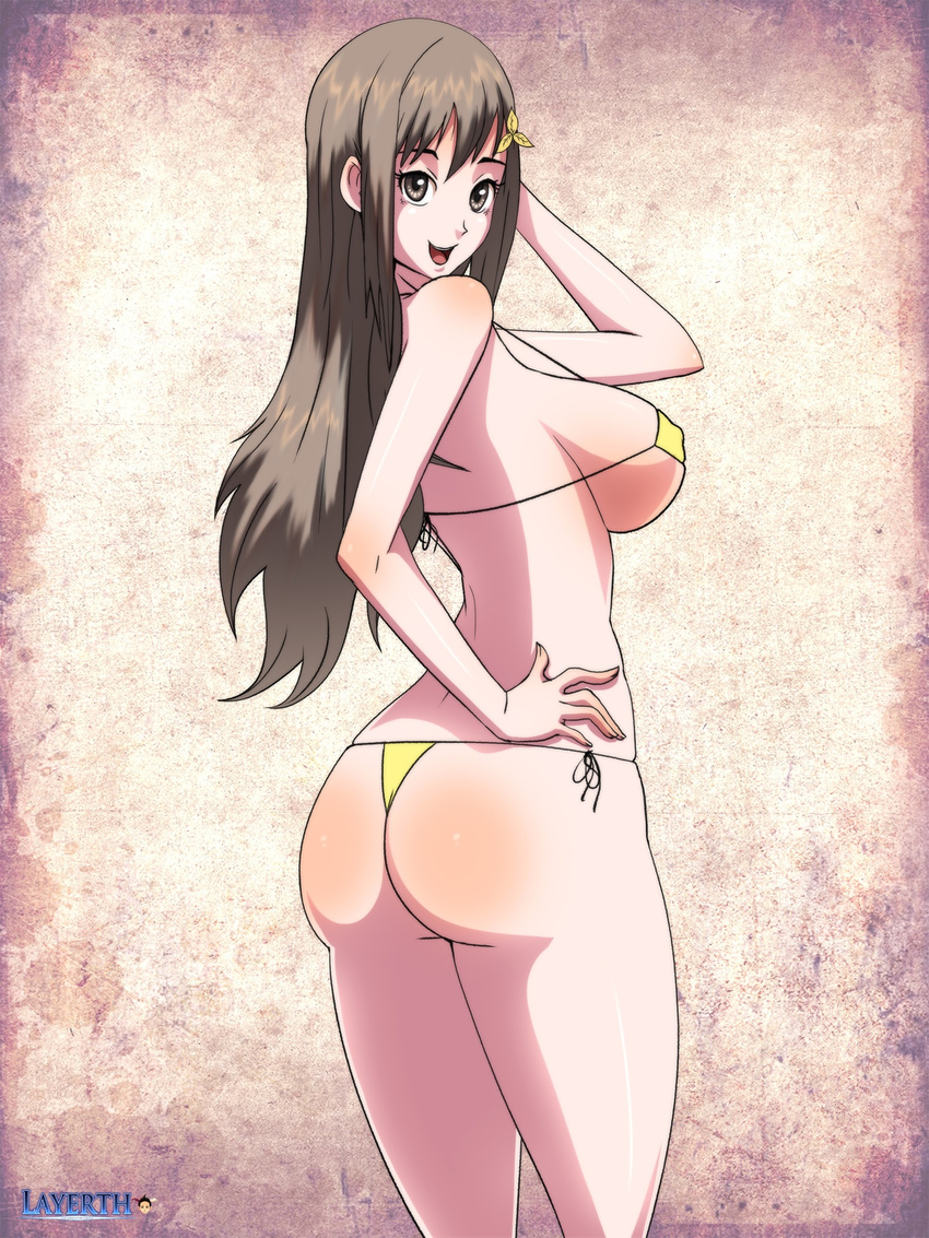 1girl ass atelier_(series) atelier_totori bare_shoulders bikini breasts brown_eyes brown_hair cecilia_helmold hairpin large_breasts layerth long_hair looking_at_viewer looking_back open_mouth shiny shiny_hair shiny_skin sideboob smile solo swimsuit thong thong_bikini