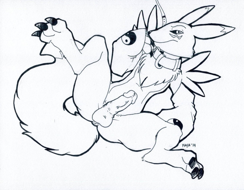 anthro anus armwear balls black_and_white canine circumcised collar digimon erection fox humanoid_penis kayla-na leash looking_at_viewer lying male mammal monochrome on_back penis renamon signature solo spread_legs spreading traditional_media_(artwork) unamused