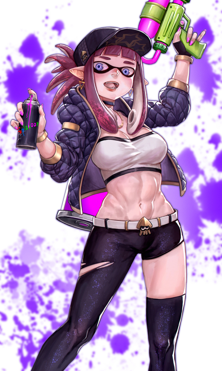 1girl :d abs absurdres asymmetrical_legwear bangs baseball_cap belt belt_buckle black_hat black_jacket black_legwear black_shorts blunt_bangs bracelet breasts buckle choker cleavage copyright_name goggles hand_up hat hat_ornament highres inkling jacket jewelry k/da_(league_of_legends) k/da_akali league_of_legends looking_at_viewer medium_breasts midriff nail_polish navel necklace open_mouth paint_splatter pink_nails purple_eyes shorts simple_background smile snow7a solo splatoon_(series) spray_can standing tentacle_hair thighhighs water_gun