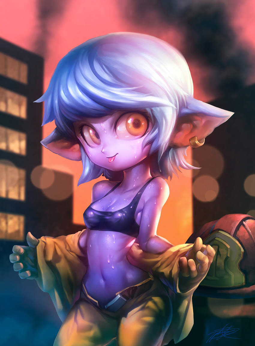 2016 anthro breasts clothing female hair league_of_legends looking_at_viewer ptcrow shortstack smile solo tongue tongue_out tristana_(lol) video_games white_hair yordle