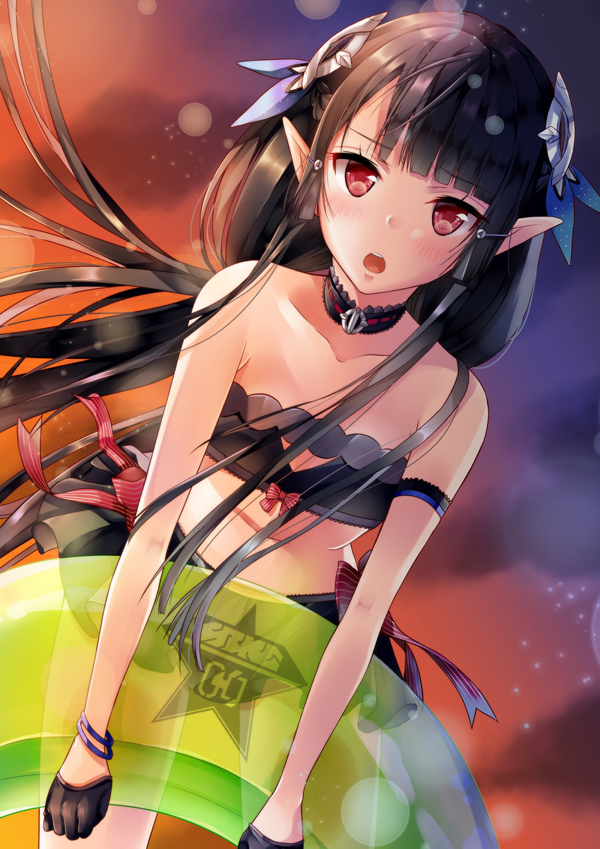 absurdres anette_(pso2) bikini black_hair blush breasts choker commentary_request dutch_angle gloves hair_ornament hairclip headgear highres innertube long_hair looking_at_viewer open_mouth phantasy_star phantasy_star_online_2 pointy_ears red_eyes small_breasts solo swimsuit yoshida_iyo