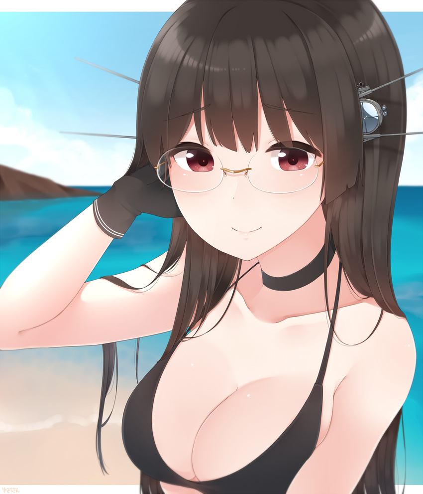 arm_up bare_shoulders beach bikini black_bikini black_gloves black_hair breasts choker choukai_(kantai_collection) cleavage closed_mouth commentary_request day gloves hand_in_hair headgear highres kantai_collection large_breasts light_smile long_hair looking_at_viewer outdoors red_eyes sky solo swimsuit upper_body water yukichi_(sukiyaki39)