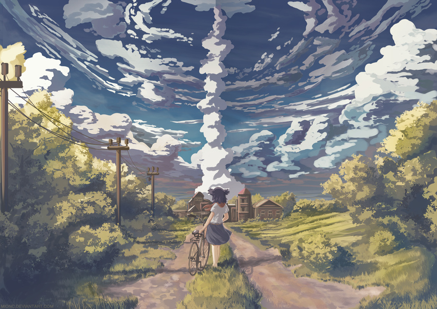 ascot belt bicycle black_hair blue_skirt building cloud cloudy_sky day everlasting_summer from_behind grass ground_vehicle highres mion_(mionc) original road rural scenery shadow shirt short_hair short_sleeves skirt sky smoke standing telephone_pole tree white_shirt wind