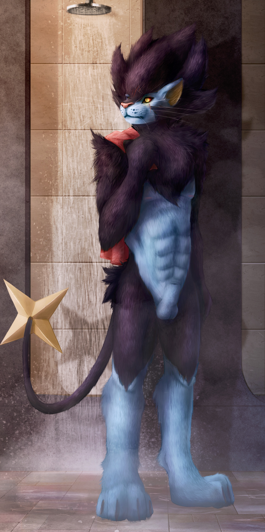 amazing animal_genitalia feline fierysintle hi_res hikari_(fierysintle) luxray male mammal muscular natural_nudity nintendo pok&eacute;mon realistic sauna scar sheath shower solo spa standing towel video_games