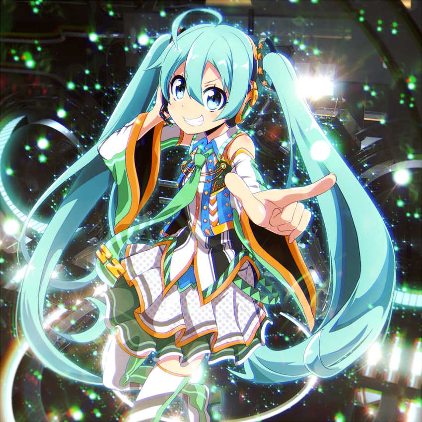 alternate_costume aqua_eyes aqua_hair boots detached_sleeves grin hand_on_headphones hatsune_miku headphones headset highres lens_flare lens_flare_abuse long_hair looking_at_viewer necktie pointing pointing_at_viewer skirt smile solo thigh_boots thighhighs tom_(drpow) twintails very_long_hair vocaloid