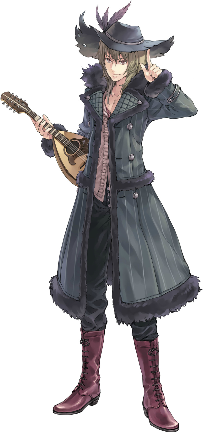 absurdres atelier_(series) atelier_rorona boots brown_eyes brown_hair coat feathers full_body fur_trim hat highres instrument kishida_mel long_hair male_focus official_art simple_background solo tristan_alcock white_background