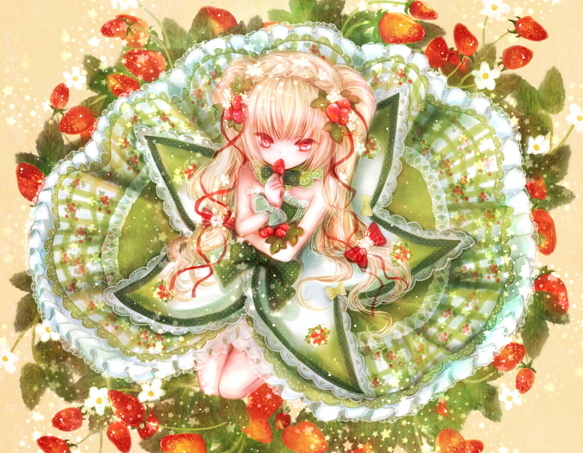 bangs blonde_hair bow braid commentary_request covering_mouth crossed_arms crown_braid dress flower food food_themed_hair_ornament frills fruit green_bow hair_bow hair_ornament hair_ribbon himemurasaki lace lolita_fashion looking_at_viewer original red_bow red_eyes red_ribbon ribbon seiza sitting solo strapless strapless_dress strawberry strawberry_hair_ornament two_side_up wrist_bow