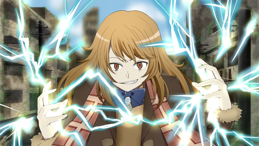 bad_id bad_twitter_id blue_bow blue_neckwear bow bowtie brown_eyes coat coppelion evil_grin evil_smile grin irae_creation light_brown_hair long_hair looking_at_viewer outdoors ozu_kanon pale_skin power_lines ruins scarf smile solo upper_body