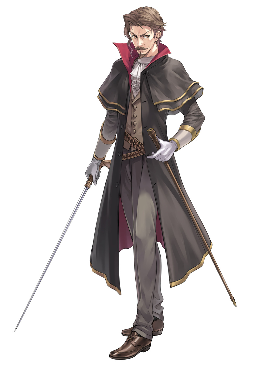 absurdres atelier_(series) atelier_rorona beard brown_eyes brown_hair capelet facial_hair full_body gio_(atelier_rorona) gloves highres kishida_mel ludwig_giovanni_arland male_focus mustache official_art simple_background solo sword weapon white_background