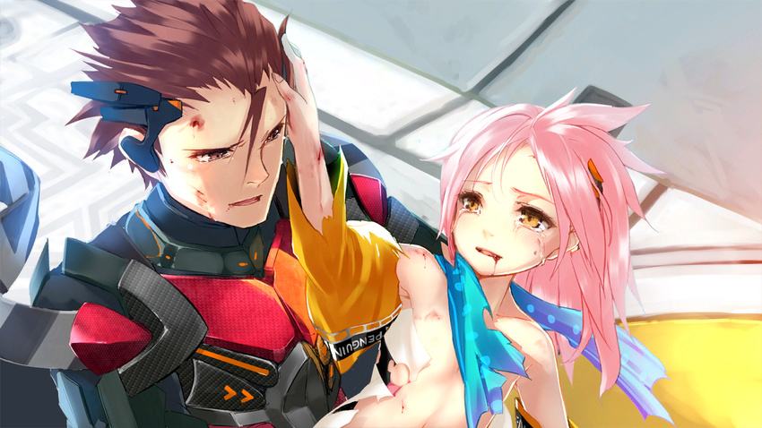 1girl ar_nosurge blood blood_from_mouth blood_on_face brown_eyes brown_hair clothes_writing collarbone crying crying_with_eyes_open delta_lantanoir detached_sleeves english flat_chest game_cg hair_between_eyes hand_on_another's_head long_hair ntny official_art parted_lips pink_hair prim_(ar_nosurge) scratches short_hair spoilers surge_concerto tears torn_clothes torn_sleeves