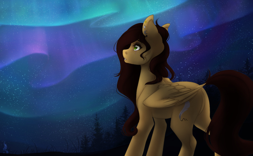 aura brown_hair cutie_mark ear_piercing equine eyelashes fan_character feathered_wings feathers female feral fur green_eyes hair mammal my_little_pony night nude outside pegasus piercing silentwulv sky solo standing star starry_sky tan_feathers tan_fur wings