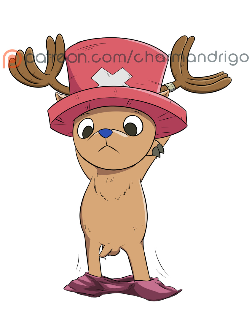 anthro antlers balls black_eyes blue_nose brown_fur cervine charmandrigo clothed clothing flaccid fur hat hi_res horn mammal one_piece pants_down partially_clothed patreon penis reindeer simple_background tony_tony_chopper uncut white_background