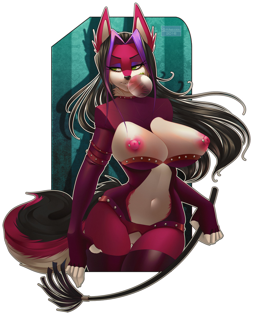 2016 anthro breasts bubble_gum canine clothing dominatrix fox fur gizmo0sue green_eyes hi_res legwear mammal nipples pink_fur pointy_ears pussy riding_crop rubber stockings whip