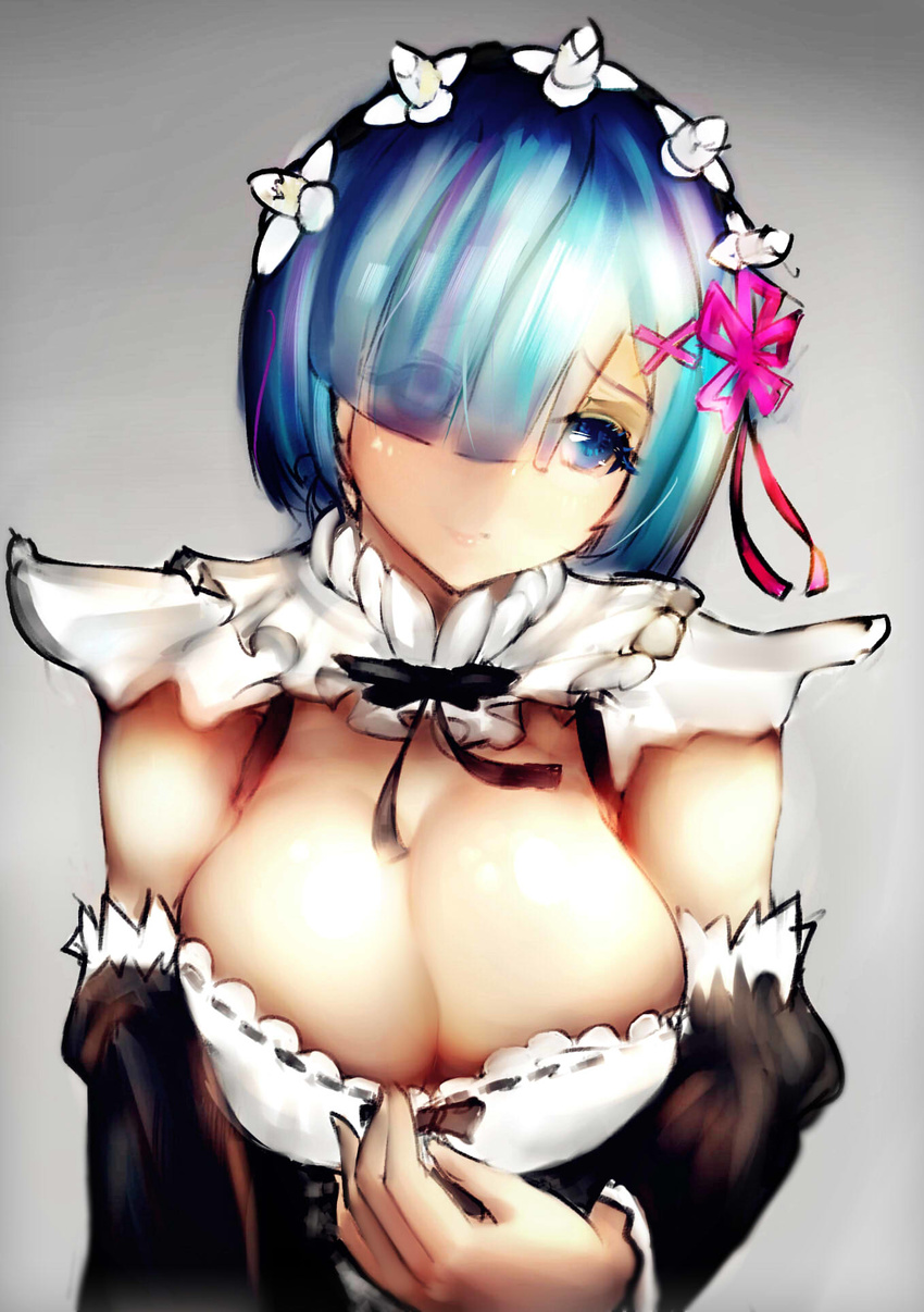 blue_eyes blue_hair blush breasts cleavage commentary_request detached_sleeves dress eyes_visible_through_hair frills hair_ornament hair_over_one_eye hair_ribbon highres lapaco large_breasts maid maid_headdress pink_ribbon re:zero_kara_hajimeru_isekai_seikatsu rem_(re:zero) ribbon short_hair smile solo x_hair_ornament