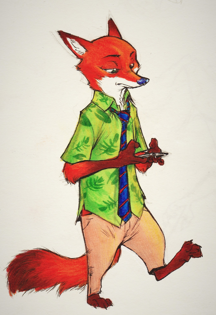 canine clothed clothing disney fox male mammal monoflax nick_wilde phone simple_background solo white_background zootopia