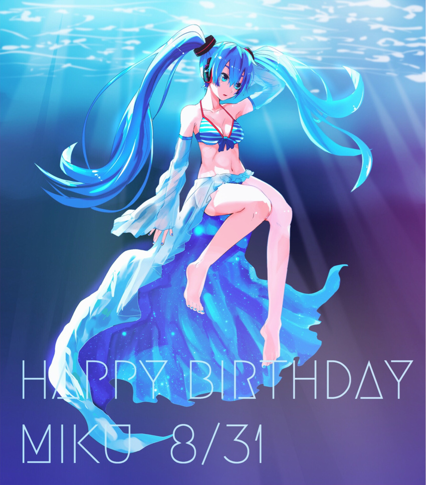 aqua_eyes arm_up bikini blue blue_hair character_name dated detached_sleeves floating_hair greatpengh happy_birthday hatsune_miku highres long_hair navel solo striped striped_bikini submerged swimsuit toenail_polish twintails underwater very_long_hair vocaloid