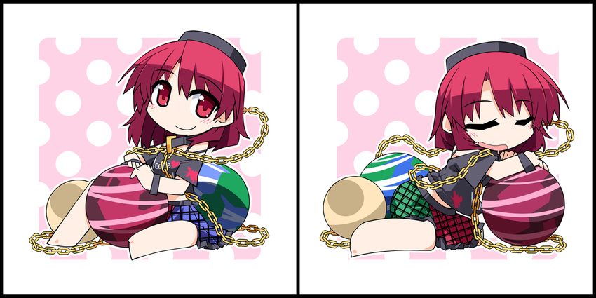 blush chain chibi clothes_writing collar earth_(ornament) hecatia_lapislazuli hemogurobin_a1c moon_(ornament) multicolored multicolored_clothes multicolored_skirt open_mouth polos_crown red_eyes red_hair saliva shirt skirt sleeping solo t-shirt touhou