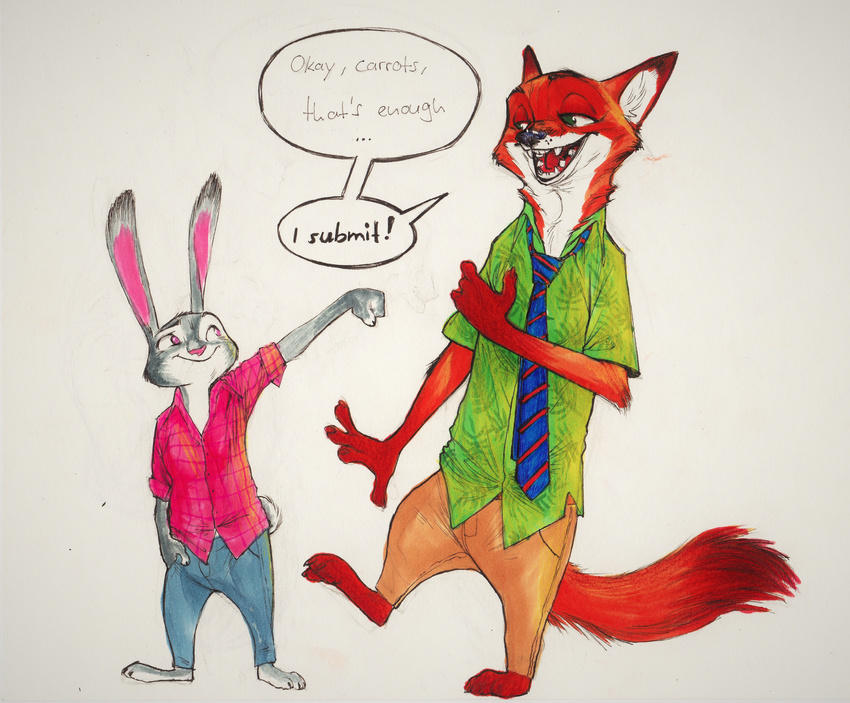 anthro canine clothed clothing dialogue disney duo female fox judy_hopps lagomorph male mammal monoflax nick_wilde rabbit simple_background text white_background zootopia