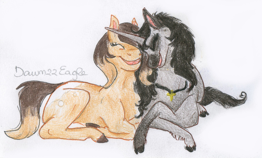 absurd_res black_hair brown_hair cutie_mark dawn22eagle duo equine eyelashes eyes_closed fan_character female feral fur grey_fur hair hi_res hooves horn jewelry mammal my_little_pony necklace open_mouth simple_background smile tan_fur traditional_media_(artwork) unicorn white_background