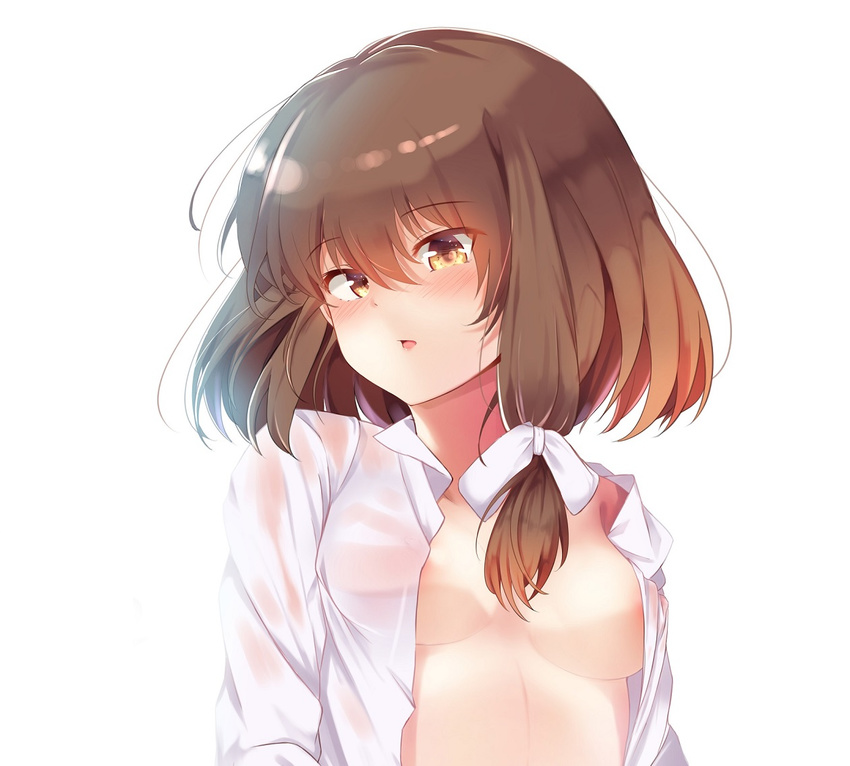 asymmetrical_hair blush brown_eyes brown_hair naked_suspenders no_bra open_clothes open_shirt parted_lips septet_(zrca_janne) shirt solo suspenders touhou usami_renko white_background