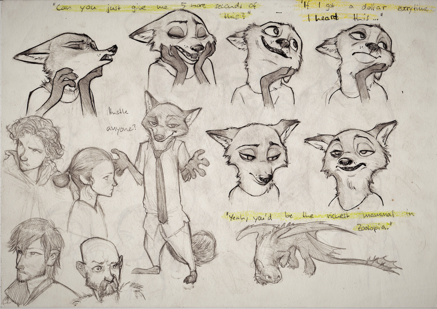 anthro canine clothed clothing disney dragon fox how_to_train_your_dragon human male mammal monoflax nick_wilde night_fury sketch sketch_page toothless zootopia