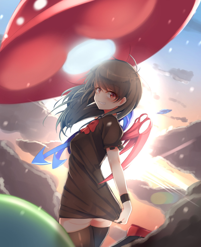 absurdres alternate_hair_length alternate_hairstyle asymmetrical_wings black_hair black_legwear blush clenched_teeth grin highres houjuu_nue long_hair looking_back no_panties septet_(zrca_janne) skirt_hold smile solo sunset teeth thighhighs touhou ufo wings wristband