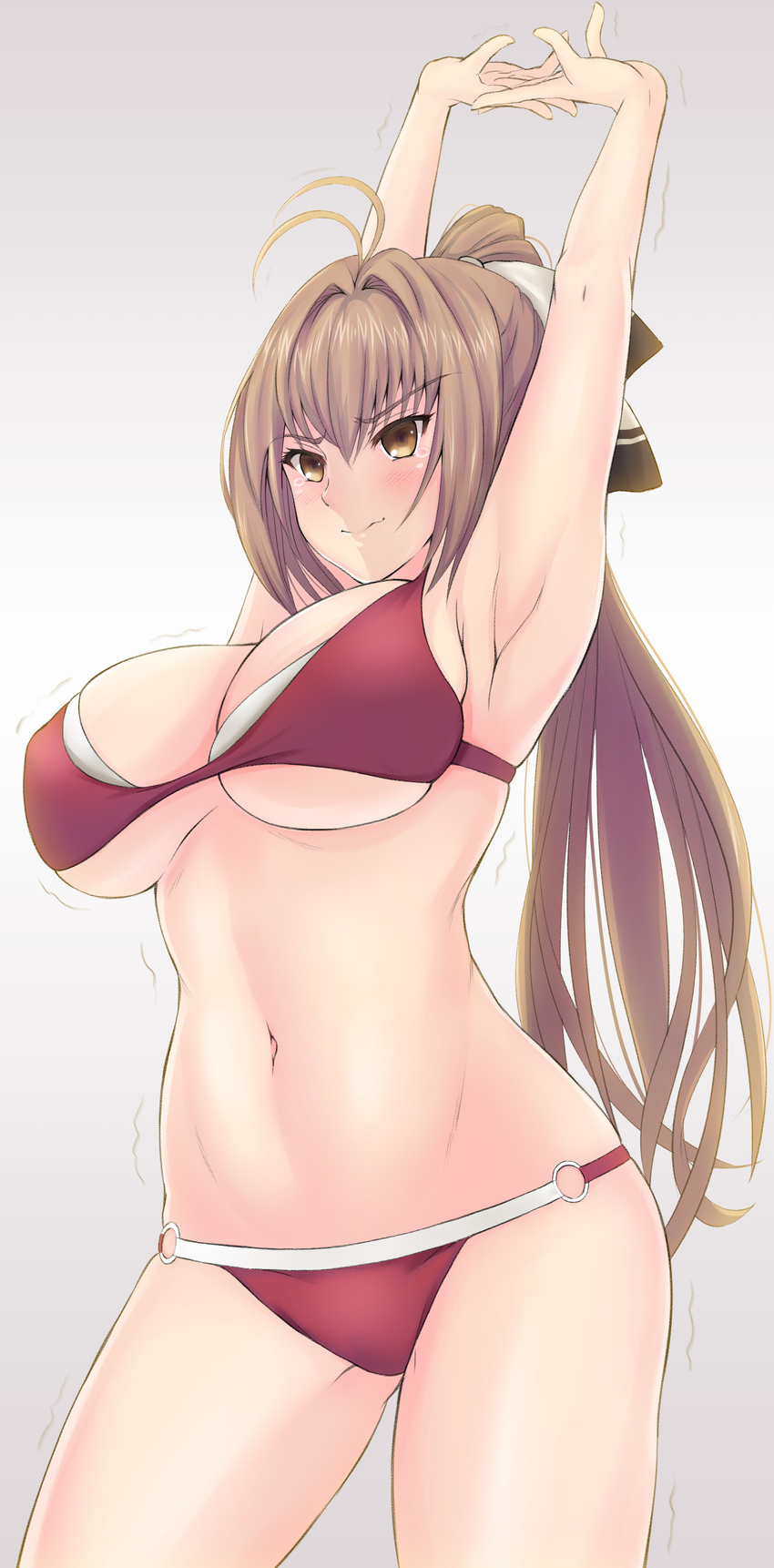 absurdres amagi_brilliant_park antenna_hair armpits bad_id bad_pixiv_id bikini blush breasts brown_eyes brown_hair cleavage closed_mouth commentary cowboy_shot crossed_arms green_kaminari groin hair_ribbon highres huge_breasts long_hair navel ponytail red_bikini ribbon sento_isuzu solo stomach stretch swimsuit tears trembling underboob white_ribbon