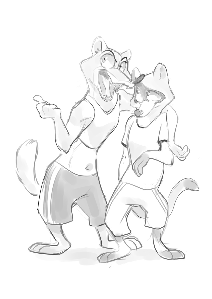 barefoot clothed clothing disney duke_weaselton ferret male male/male mammal midriff monochrome mustelid navel open_mouth pointing sexilydrawn shaded shirt shorts sketch teeth tongue travis_(zootopia) weasel zootopia