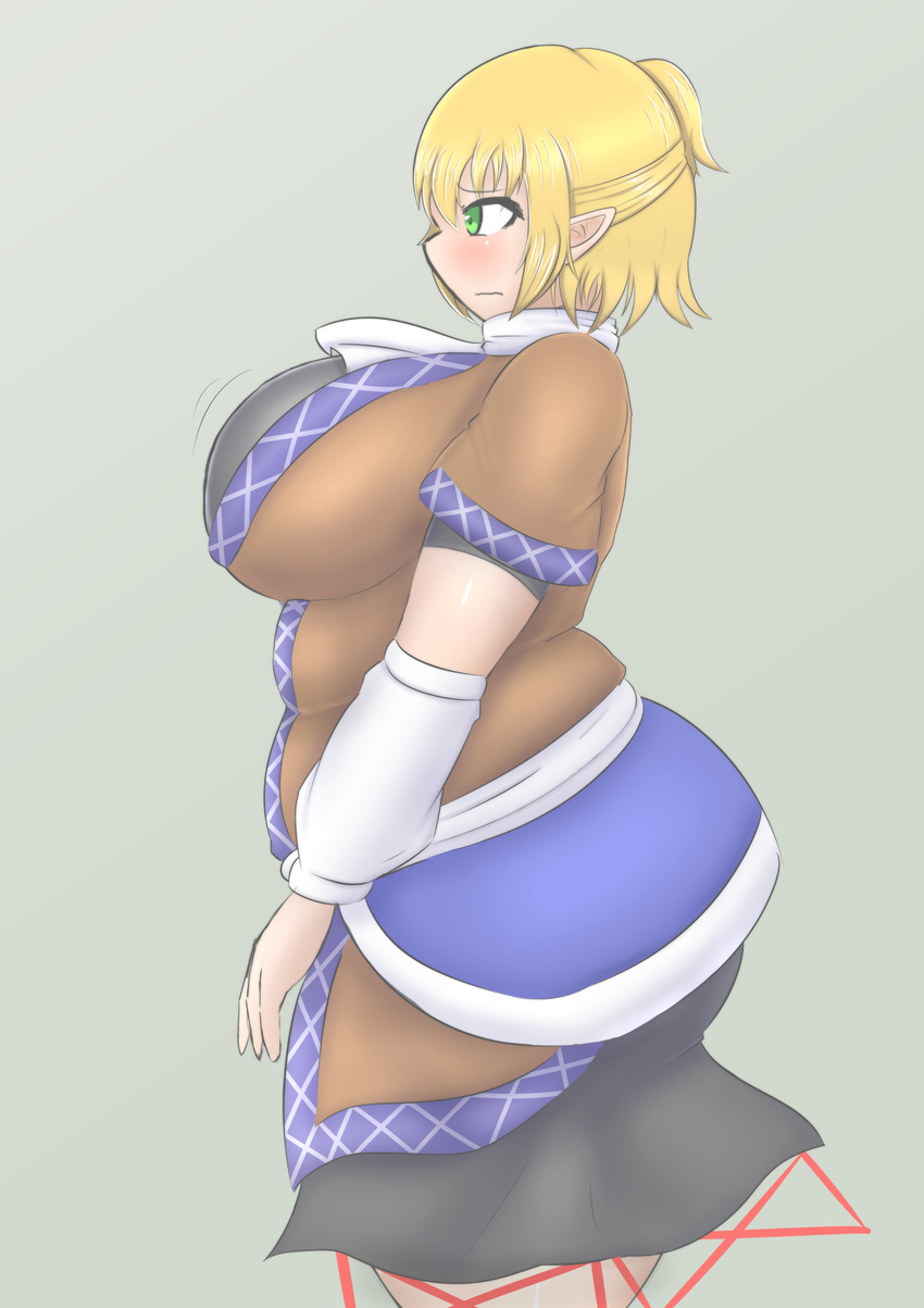 arm_warmers bad_id bad_pixiv_id blonde_hair blush bouncing_breasts breasts check_commentary commentary commentary_request cowboy_shot fat fat_folds green_eyes guroo_(shine119) half_updo highres large_breasts mizuhashi_parsee pointy_ears profile robe sash scarf short_hair shy skirt solo thick_thighs thighs touhou wavy_mouth