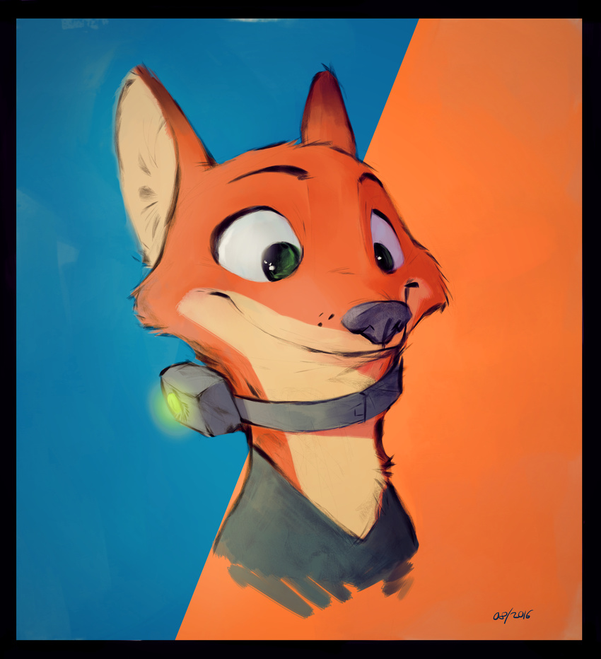 anthro bust_portrait canine clothed clothing collar disney fox male mammal monoflax nick_wilde portrait smile solo zootopia