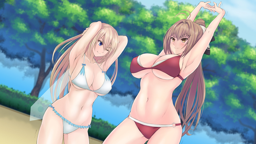 ;t absurdres amagi_brilliant_park antenna_hair armpits arms_behind_head arms_up bad_id bad_pixiv_id bikini blonde_hair blue_eyes blurry blush breasts brown_eyes brown_hair bush cleavage collarbone commentary cowboy_shot day depth_of_field fairy_wings green_kaminari groin hair_ribbon highres large_breasts multiple_girls navel one_eye_closed outdoors ponytail red_bikini ribbon sento_isuzu stomach stretch swimsuit sylphy_(amaburi) tears tree trembling underboob white_ribbon wings