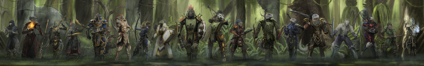 anthro armor bow clothed clothing crossed_arms dagger detailed detailed_background dinosaur female forest grass green_eyes grey_scales group holding_object holding_weapon lined_up mace magic male melee_weapon outside raptor scales shield staff standing sword themefinland theropod topless tree weapon