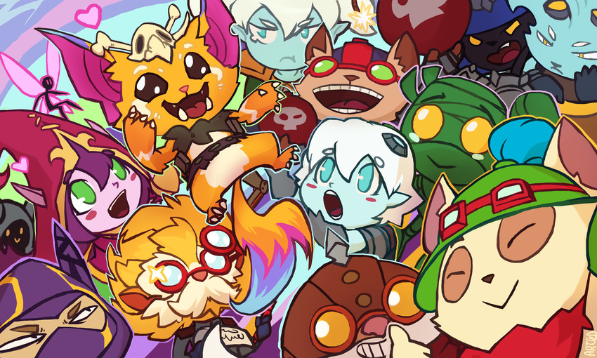 &lt;3 3_fingers amumu_(lol) angry anthro armor artsed black_fur black_nose blue_fur blue_markings blue_skin bomb bottomless brown_clothing brown_eyebrows brown_eyes brown_fur brown_markings brown_nose chibi clothed clothing colored corki_(lol) cute day detailed_background digital_drawing_(artwork) digital_media_(artwork) explosives eyes_closed eyewear fairy fluffy fluffy_tail frown fur gnar_(lol) goggles grass green_eyes group hair hat heimerdinger_(lol) helmet hi_res kennen_(lol) league_of_legends light looking_down lulu_(lol) magic_user mammal markings mask multicolored_fur no_iris no_pupil nude open_mouth open_smile orange_fur outside pink_clothing pink_nose pix_(lol) poppy_(lol) purple_clothing purple_hair purple_markings purple_skin riot_games robe rumble_(lol) smile tan_fur tan_markings teemo thumbs_up toony tristana_(lol) two_tone_fur veigar video_games white_eyebrows white_hair wizard_hat yellow_eyes yordle ziggs