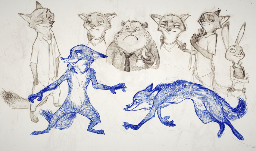 anthro benjamin_clawhauser canine cheetah clothed clothing collar disney feline female fox judy_hopps lagomorph male mammal monoflax nick_wilde nude police_uniform rabbit sketch sketch_page uniform zootopia