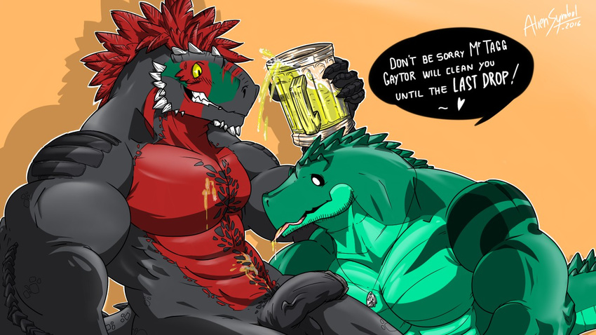 abs alcohol aliensymbol alligator anthro argonian athletic beer beverage biceps black_penis crocodilian dinosaur english_text erection fangs green_skin grey_skin grin hair half-erect horn humanoid_penis jewelry licking male markings muscular necklace pecs penis reclining red_hair red_skin reptile retracted_foreskin scales scalie sitting smile solo spots tagg taggcrossroad teeth text the_elder_scrolls theropod tongue tongue_out tyrannosaurus_rex uncut vein veiny_penis video_games yellow_eyes