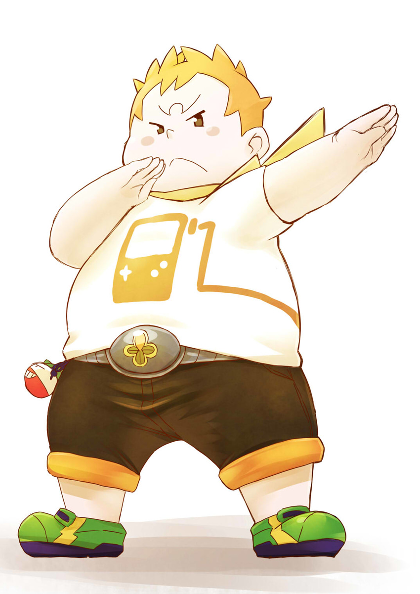 belt blonde_hair brown_eyes chi_tiu fat fat_man full_body highres maamane_(pokemon) male_focus pokemon pokemon_(game) pokemon_sm simple_background solo trial_captain white_background