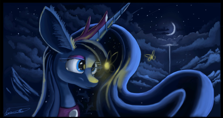 animated auroriia blue_eyes blue_fur blue_hair detailed_background equine feral friendship_is_magic fur hair horn mammal moon my_little_pony night no_sound outside princess_luna_(mlp) sky smile star starry_sky