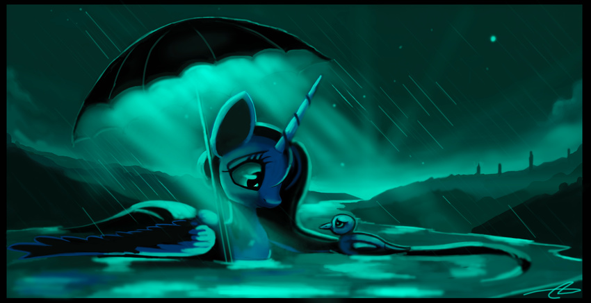 absurd_res auroriia avian beak bird blue_eyes blue_feathers blue_fur blue_hair blue_theme detailed_background duck duo equine eyelashes feathered_wings feathers friendship_is_magic fur hair hi_res horn mammal my_little_pony partially_submerged princess_luna_(mlp) raining superabsurd_res umbrella water winged_unicorn wings