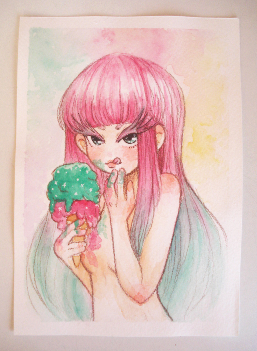1girl :q aqua_eyes aqua_hair arms_up bangs blunt_bangs breasts closed_mouth commentary crisalys english_commentary food food_on_body gradient_hair highres ice_cream ice_cream_cone long_sleeves looking_to_the_side multicolored_hair nude original photo pink_hair small_breasts solo stain tongue tongue_out traditional_media watercolor_(medium)