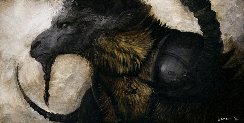 2015 anthro armor beard black_fur brown_fur bust_portrait caprine facial_hair fur goatee horn ibex jewelry male mammal multicolored_fur necklace painting_(artwork) pauldron portrait signature simple_background simul solo textured_background traditional_media_(artwork) two_tone_fur