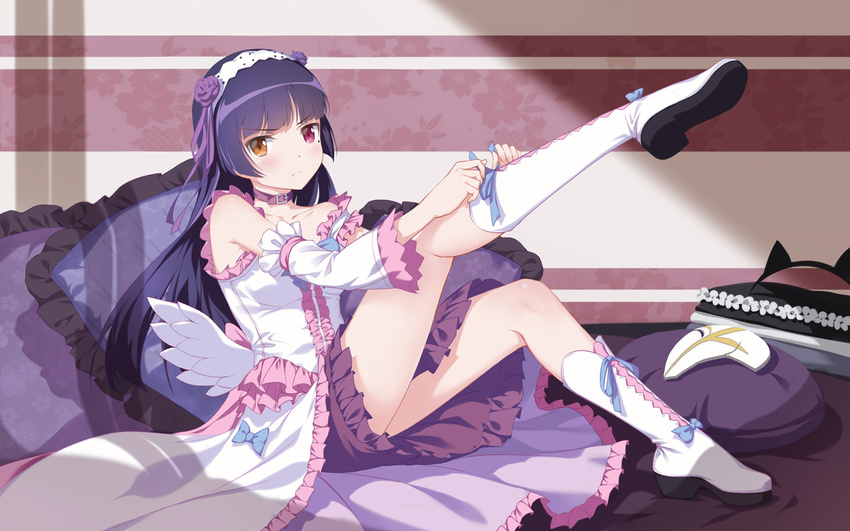 animal_ears black_hair boots cat_ears dress flower full_body gokou_ruri gothic_lolita hairband heterochromia knee_boots lolita_fashion lolita_hairband long_hair mole mole_under_eye ore_no_imouto_ga_konna_ni_kawaii_wake_ga_nai plantar_flexion putting_on_boots putting_on_shoes red_eyes rose solo white_footwear wings yellow_eyes yijian_ma