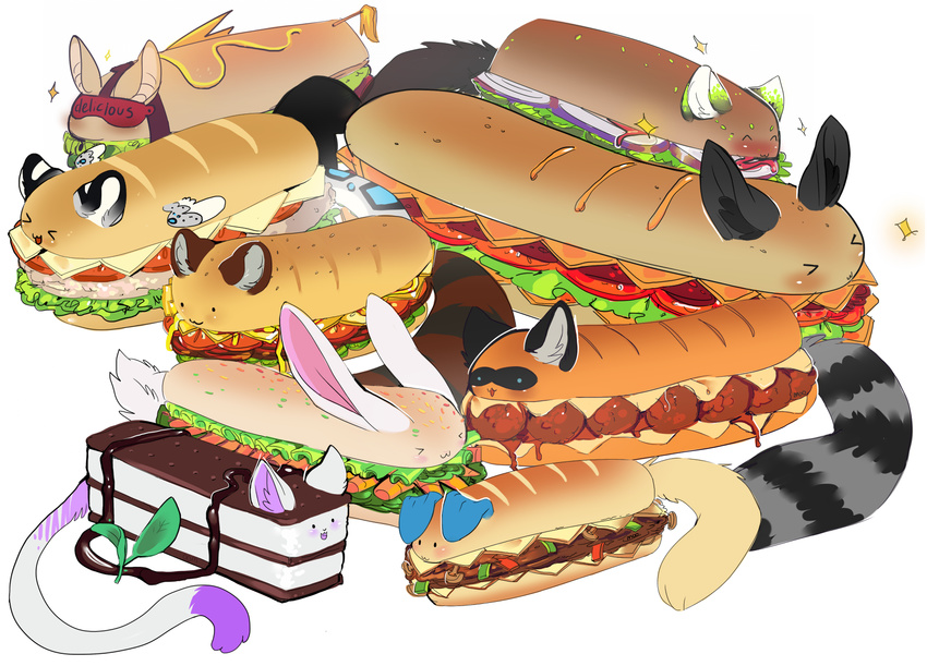 &gt;_&lt; :3 animal_humanoid arh blindfold cake canine feline fennec food fox fruit humanoid lagomorph mammal meatballs rabbit raccoon sandwich_(disambiguation) tanuki tomato