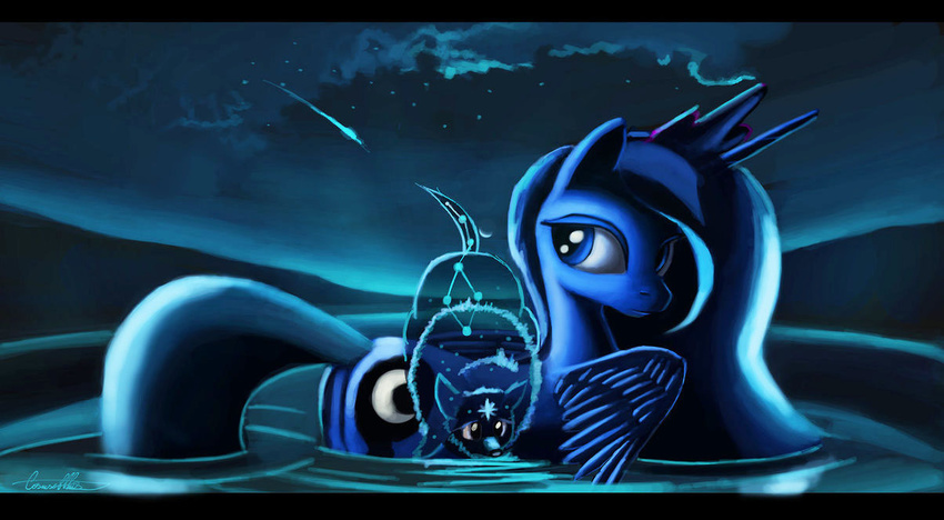 auroriia black_bars blue_eyes blue_feathers blue_hair blue_theme butt cutie_mark duo equine feathered_wings feathers female friendship_is_magic hair horn mammal my_little_pony partially_submerged princess_luna_(mlp) riding water winged_unicorn wings