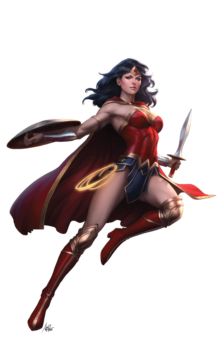 1girl blue_eyes cape dc_comics lasso lasso_of_truth pteruges shield solo stanley_lau strapless sword tiara vambraces wonder_woman wonder_woman_(series)